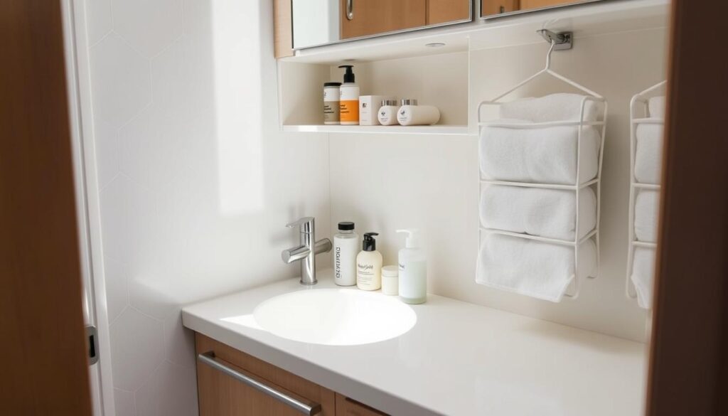A well-organized RV bathroom with essential toiletries neatly arranged on a clean, minimalist countertop. Bright, natural lighting casts a serene glow, accentuating the tidy, uncluttered design. An open shelving unit displays compact containers of shampoo, conditioner, and soap, while a hanging organizer holds rolled-up towels and washcloths. The overall impression is one of efficiency and simplicity, reflecting the "Bathroom Supplies: Only the Basics" theme. A well-organized RV bathroom with essential toiletries neatly arranged on a clean, minimalist countertop. Bright, natural lighting casts a serene glow, accentuating the tidy, uncluttered design. An open shelving unit displays compact containers of shampoo, conditioner, and soap, while a hanging organizer holds rolled-up towels and washcloths. The overall impression is one of efficiency and simplicity, reflecting the "Bathroom Supplies: Only the Basics" theme.