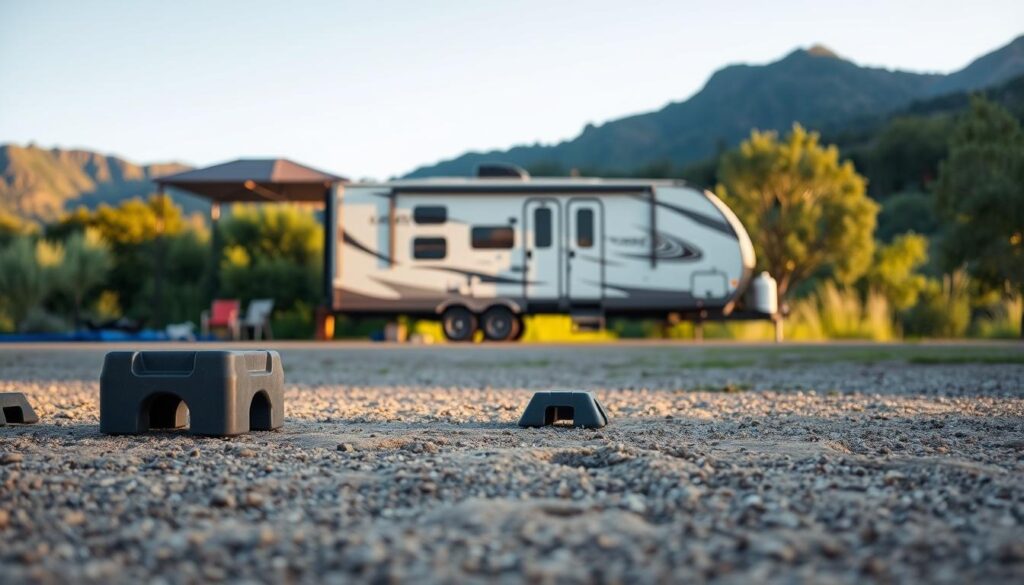 A well-organized RV campsite with an expertly leveled travel trailer, set against a serene natural backdrop. In the foreground, the leveling blocks and chocks are precisely positioned, ensuring a stable and comfortable setup. The middle ground features the RV with its slide-outs extended, casting soft shadows on the ground. In the background, lush greenery and a picturesque mountain range create a tranquil outdoor atmosphere, illuminated by the warm glow of the afternoon sun. The scene conveys a sense of order, preparedness, and a harmonious integration with the surrounding environment. A well-organized RV campsite with an expertly leveled travel trailer, set against a serene natural backdrop. In the foreground, the leveling blocks and chocks are precisely positioned, ensuring a stable and comfortable setup. The middle ground features the RV with its slide-outs extended, casting soft shadows on the ground. In the background, lush greenery and a picturesque mountain range create a tranquil outdoor atmosphere, illuminated by the warm glow of the afternoon sun. The scene conveys a sense of order, preparedness, and a harmonious integration with the surrounding environment.