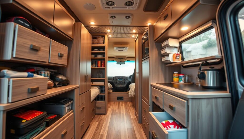 A well-organized RV interior with a variety of storage solutions and organization systems. In the foreground, modular cabinets and drawers are neatly arranged, offering ample space for gear, supplies, and personal items. In the middle ground, a pull-out pantry and a hanging organizer system provide efficient storage for food, cookware, and other essentials. The background showcases an overhead rack system, allowing for clever utilization of vertical space. The lighting is warm and inviting, creating a cozy atmosphere. The entire scene is captured through a wide-angle lens, emphasizing the clever use of space and thoughtful design within the RV's compact confines.