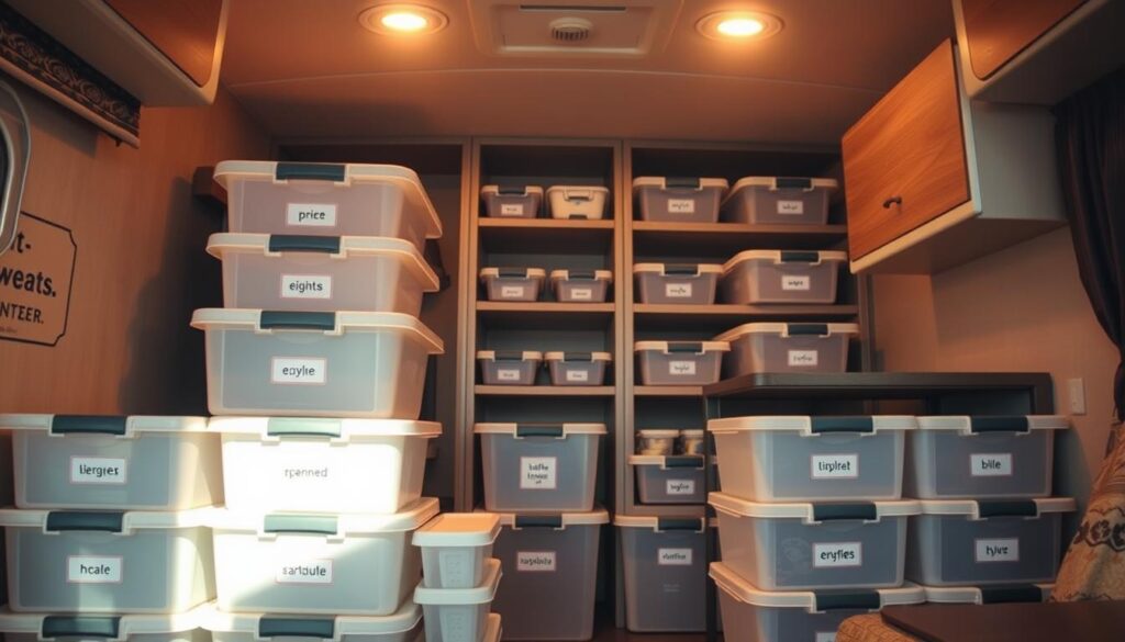 A well-organized RV storage space with labeled bins, illuminated by warm overhead lighting casting a soft glow. The foreground features a series of neatly arranged plastic bins in various sizes, each clearly labeled with their contents. The middle ground showcases a modular shelving unit, its shelves strategically positioned to maximize storage capacity. In the background, the RV's interior walls create a sense of depth, hinting at the efficient use of space. The overall atmosphere conveys a feeling of order, accessibility, and thoughtful organization, perfectly suited for the "The Role of Labels in RV Organization" section.