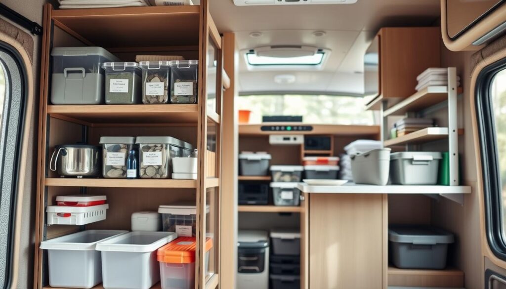 A well-organized RV storage space with vertical shelving solutions. The foreground features a custom-built modular rack system, each compartment labeled and filled with neatly arranged items. The middle ground showcases a variety of storage containers, bins, and organizers in a cohesive color palette. The background highlights the RV's interior, with ample natural lighting filtering through the windows, creating a warm and inviting atmosphere. The overall composition emphasizes efficient use of vertical space, thoughtful organization, and a minimalist aesthetic that complements the RV's practical nature.