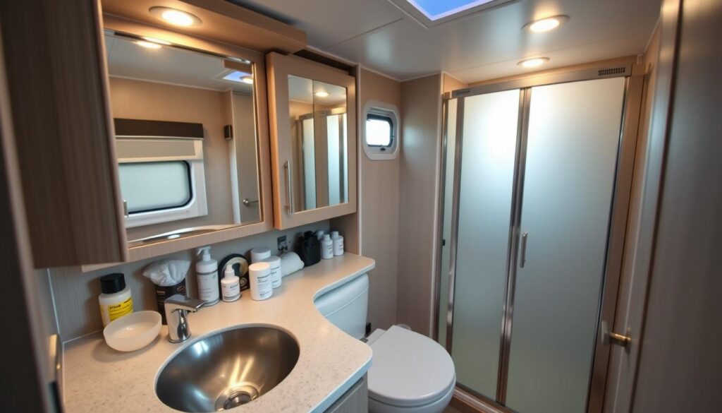 A well-organized and compact RV bathroom with a sleek, minimalist design. In the foreground, the countertop features a compact sink and a neatly arranged array of toiletries and storage solutions, maximizing the limited space. The middle ground showcases a recessed medicine cabinet with mirrored doors, providing hidden storage and a sense of depth. The background features a modern, low-profile toilet and a corner shower enclosure with frosted glass panels, creating the illusion of a larger, more open layout. Soft, warm lighting from recessed ceiling fixtures casts a cozy glow, while a small window allows natural light to filter in, enhancing the sense of spaciousness. The overall atmosphere is one of efficient organization and thoughtful design, perfectly suited for the RV lifestyle.