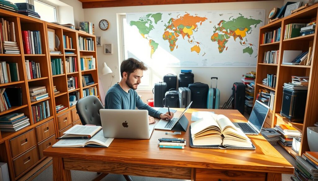 A well-organized home office with a large wooden desk, bookshelves filled with educational materials, and a world map on the wall. A parent sits at the desk, surrounded by open textbooks, a laptop, and a tablet, meticulously planning a curriculum for an upcoming educational travel adventure. Natural light streams in through large windows, creating a warm, productive atmosphere. In the background, a collection of suitcases and travel guides hints at the exciting journey to come. The overall scene conveys a sense of purposeful preparation and anticipation for the enriching experience of homeschooling on the road. A well-organized home office with a large wooden desk, bookshelves filled with educational materials, and a world map on the wall. A parent sits at the desk, surrounded by open textbooks, a laptop, and a tablet, meticulously planning a curriculum for an upcoming educational travel adventure. Natural light streams in through large windows, creating a warm, productive atmosphere. In the background, a collection of suitcases and travel guides hints at the exciting journey to come. The overall scene conveys a sense of purposeful preparation and anticipation for the enriching experience of homeschooling on the road.