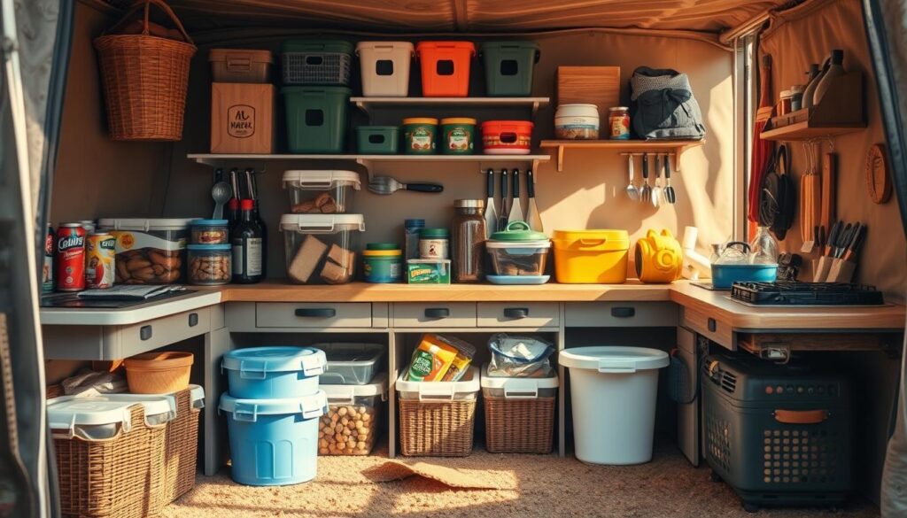 A well-organized, neatly arranged outdoor kitchen storage solution with various containers, baskets, and compartments for storing camping food, utensils, and supplies. The scene is illuminated by warm, natural lighting, with a soft, diffused glow that casts gentle shadows, creating a cozy, inviting atmosphere. The arrangement is visually pleasing, with a balance of textures, colors, and shapes that showcase the efficient storage system. The focus is on the foreground, with the middle ground and background providing context and a sense of depth, highlighting the practical yet aesthetically appealing nature of the setup. A well-organized, neatly arranged outdoor kitchen storage solution with various containers, baskets, and compartments for storing camping food, utensils, and supplies. The scene is illuminated by warm, natural lighting, with a soft, diffused glow that casts gentle shadows, creating a cozy, inviting atmosphere. The arrangement is visually pleasing, with a balance of textures, colors, and shapes that showcase the efficient storage system. The focus is on the foreground, with the middle ground and background providing context and a sense of depth, highlighting the practical yet aesthetically appealing nature of the setup.