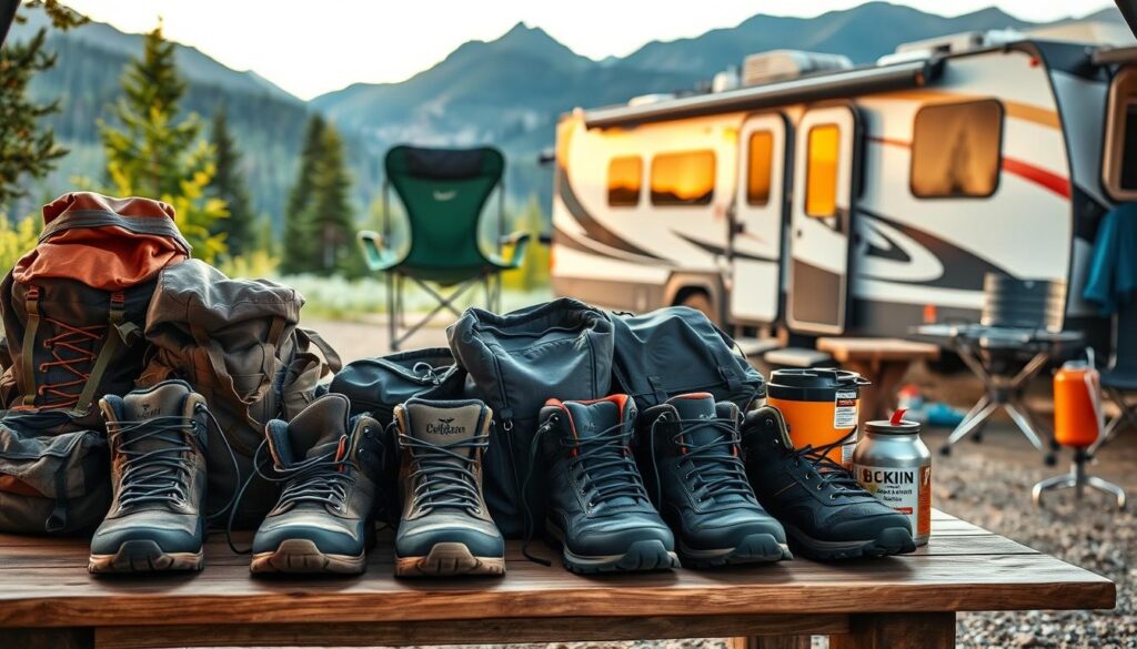 A well-organized outdoor equipment display in a cozy RV campsite. In the foreground, an assortment of hiking boots, backpacks, and camping gear neatly arranged on a wooden table. Midground, a sturdy camping chair and a gas-powered camping stove set up, ready for use. In the background, a glimpse of a neatly parked RV, surrounded by lush greenery and a picturesque mountain landscape, bathed in warm, golden-hour lighting. The scene conveys a sense of preparedness, adventure, and the ability to enjoy the great outdoors in comfort, no matter the season. A well-organized outdoor equipment display in a cozy RV campsite. In the foreground, an assortment of hiking boots, backpacks, and camping gear neatly arranged on a wooden table. Midground, a sturdy camping chair and a gas-powered camping stove set up, ready for use. In the background, a glimpse of a neatly parked RV, surrounded by lush greenery and a picturesque mountain landscape, bathed in warm, golden-hour lighting. The scene conveys a sense of preparedness, adventure, and the ability to enjoy the great outdoors in comfort, no matter the season.