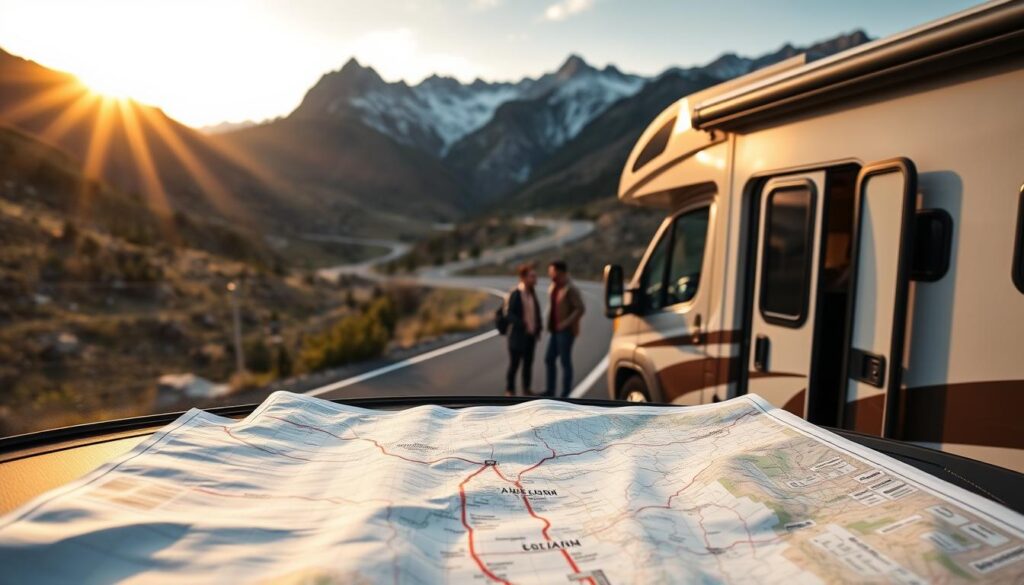 A well-planned RV parked on a scenic mountain road, its sleek exterior gleaming in the soft, golden light of the setting sun. In the foreground, a map unfurls on the dashboard, indicating multiple routes and destinations. In the middle ground, the RV's occupants, dressed in casual, adventure-ready attire, pore over the map, discussing their flexible travel options. The background showcases a breathtaking landscape of towering peaks, lush forests, and winding roads, suggesting the endless possibilities for exploration and spontaneity that RV travel affords.