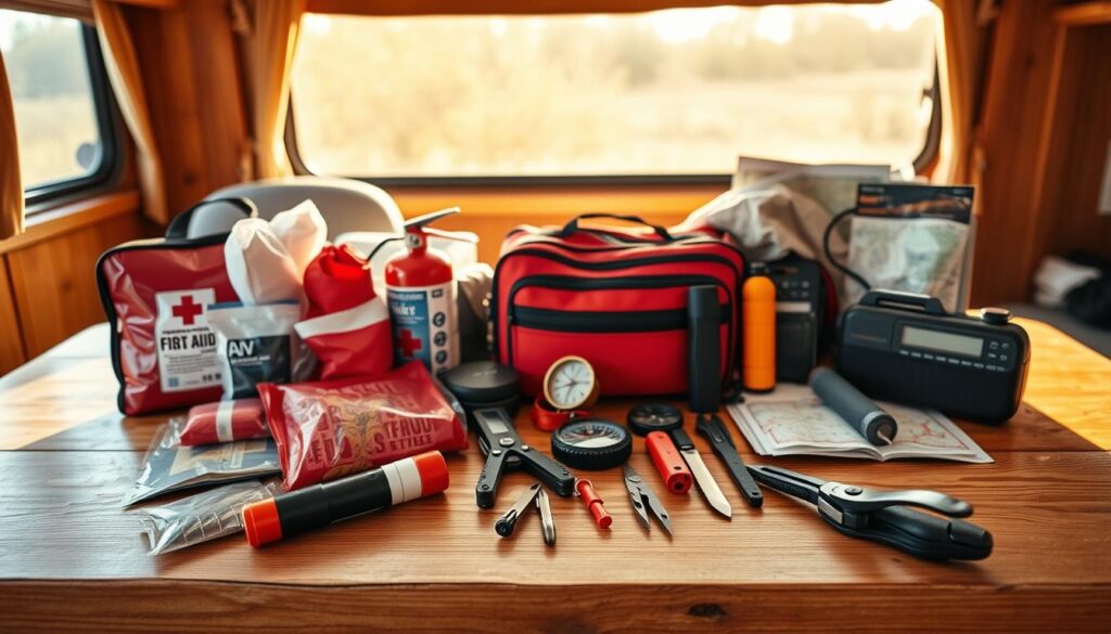 A well-stocked RV emergency kit rests on a sturdy wooden table, illuminated by warm natural light filtering through a large window. The foreground features a selection of essential safety supplies - a first-aid kit, a fire extinguisher, a flashlight, and a multi-tool. In the middle ground, a compass, a survival whistle, and an emergency blanket are neatly arranged, while the background showcases a map, a survival knife, and a portable radio. The overall composition conveys a sense of preparedness and calm, ready to handle any unexpected situations that may arise during an RV adventure. A well-stocked RV emergency kit rests on a sturdy wooden table, illuminated by warm natural light filtering through a large window. The foreground features a selection of essential safety supplies - a first-aid kit, a fire extinguisher, a flashlight, and a multi-tool. In the middle ground, a compass, a survival whistle, and an emergency blanket are neatly arranged, while the background showcases a map, a survival knife, and a portable radio. The overall composition conveys a sense of preparedness and calm, ready to handle any unexpected situations that may arise during an RV adventure.