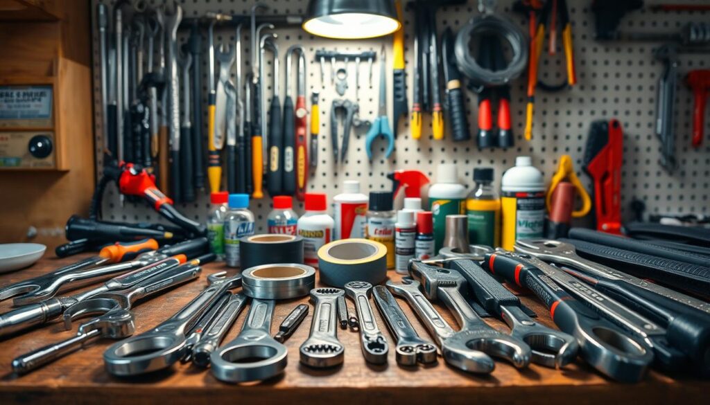 A well-stocked toolkit for essential RV repairs, meticulously arranged on a sturdy workbench. In the foreground, a gleaming set of pliers, wrenches, and screwdrivers, their polished surfaces reflecting the warm glow of a worklight overhead. In the middle ground, a roll of duct tape, a utility knife, and a selection of lubricants and sealants, ready to tackle a variety of on-the-road issues. The background features a pegboard displaying a range of specialized tools, from a socket set to a tire repair kit, all within easy reach for the prepared RV enthusiast. The scene conveys a sense of preparedness and self-reliance, ensuring the RV owner is equipped to handle any unexpected mechanical challenges with confidence. A well-stocked toolkit for essential RV repairs, meticulously arranged on a sturdy workbench. In the foreground, a gleaming set of pliers, wrenches, and screwdrivers, their polished surfaces reflecting the warm glow of a worklight overhead. In the middle ground, a roll of duct tape, a utility knife, and a selection of lubricants and sealants, ready to tackle a variety of on-the-road issues. The background features a pegboard displaying a range of specialized tools, from a socket set to a tire repair kit, all within easy reach for the prepared RV enthusiast. The scene conveys a sense of preparedness and self-reliance, ensuring the RV owner is equipped to handle any unexpected mechanical challenges with confidence.