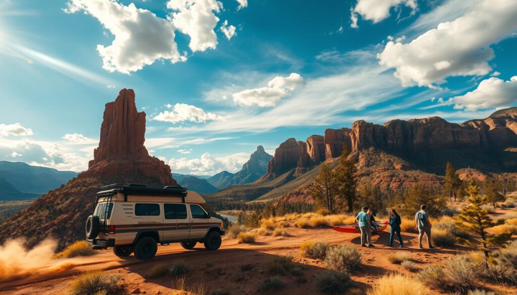 A wide, panoramic vista of a majestic Western landscape. In the foreground, a rugged off-road RV, its tires kicking up dust as it navigates a winding trail. Nearby, a group of adventurers engage in outdoor activities - rock climbing a towering sandstone cliff, kayaking down a rushing river, or hiking through a lush, pine-scented forest. The sky is a brilliant blue, with dramatic clouds casting dramatic shadows across the scene. Warm, golden sunlight bathes the entire tableau, creating a sense of adventure and exploration. The mood is one of exhilaration and freedom, inviting the viewer to imagine themselves as part of this epic Western RVing escapade.