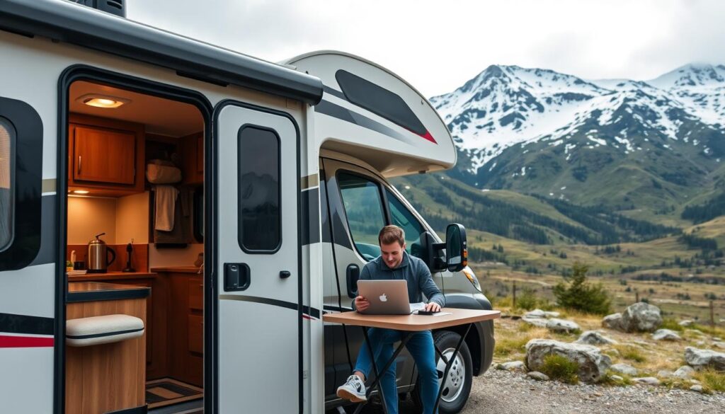 A wide shot of a well-equipped RV parked in a scenic mountain landscape, with a person sitting at a small table inside, analyzing financial documents and making calculations on a laptop. The interior is well-lit with a warm, cozy atmosphere, while the exterior features the RV's sleek, modern design against a backdrop of snow-capped peaks and lush greenery. The scene conveys the thoughtful planning and budgeting required for a successful full-time RV lifestyle, balanced with the beauty and freedom of the open road.