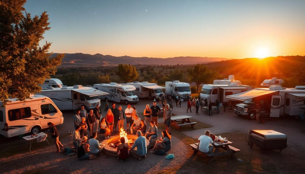 An RV campground on a warm summer evening, as the setting sun casts a golden glow over the scene. In the foreground, a lively group of travelers gather around a crackling campfire, sharing stories and laughter. Nearby, RVs of various sizes and styles are parked, their occupants mingling and exchanging travel tips. In the middle ground, a well-maintained communal area features picnic tables and a communal grill, where people are cooking and enjoying a shared meal. The background is a tranquil landscape of rolling hills, lush trees, and a starry night sky, creating a serene and inviting atmosphere for this social gathering of fellow adventurers on the open road. An RV campground on a warm summer evening, as the setting sun casts a golden glow over the scene. In the foreground, a lively group of travelers gather around a crackling campfire, sharing stories and laughter. Nearby, RVs of various sizes and styles are parked, their occupants mingling and exchanging travel tips. In the middle ground, a well-maintained communal area features picnic tables and a communal grill, where people are cooking and enjoying a shared meal. The background is a tranquil landscape of rolling hills, lush trees, and a starry night sky, creating a serene and inviting atmosphere for this social gathering of fellow adventurers on the open road.