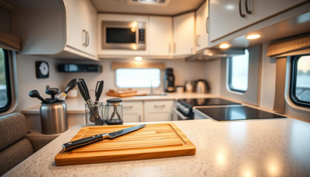 An RV kitchen with bright, warm lighting illuminating a well-organized countertop. On the counter, a cutting board, chef's knife, and various kitchen tools are neatly arranged, showcasing safety precautions. The background features clean, contemporary cabinetry and appliances, creating a practical and efficient cooking space. The overall scene exudes a sense of control and attention to detail, reflecting the importance of safety in the confined RV kitchen environment. An RV kitchen with bright, warm lighting illuminating a well-organized countertop. On the counter, a cutting board, chef's knife, and various kitchen tools are neatly arranged, showcasing safety precautions. The background features clean, contemporary cabinetry and appliances, creating a practical and efficient cooking space. The overall scene exudes a sense of control and attention to detail, reflecting the importance of safety in the confined RV kitchen environment.