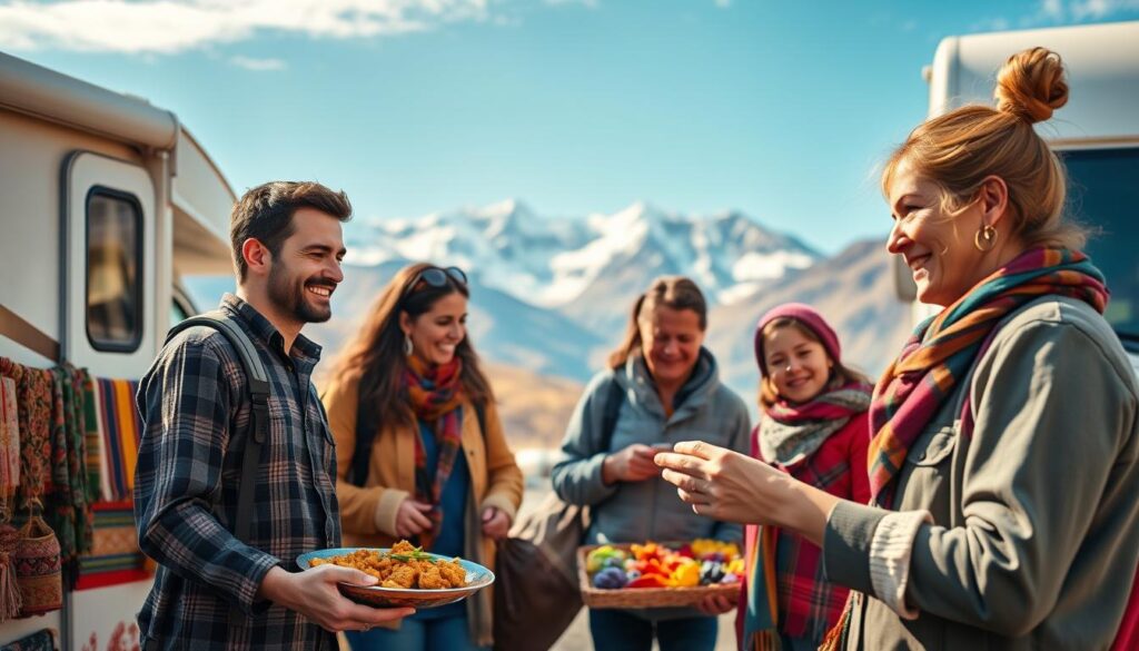 An RV parked in a scenic mountain setting, with a family of four exploring a lively outdoor market filled with vibrant local artisanal goods, handcrafted textiles, and an array of regional delicacies. In the foreground, a smiling vendor offers a taste of a traditional dish, while in the middle ground, the travelers browse unique handmade souvenirs. The background features majestic snow-capped peaks and a clear, azure sky, creating a sense of adventure and cultural immersion. Warm, diffused lighting casts a golden glow, capturing the inviting atmosphere of the bustling marketplace. An RV parked in a scenic mountain setting, with a family of four exploring a lively outdoor market filled with vibrant local artisanal goods, handcrafted textiles, and an array of regional delicacies. In the foreground, a smiling vendor offers a taste of a traditional dish, while in the middle ground, the travelers browse unique handmade souvenirs. The background features majestic snow-capped peaks and a clear, azure sky, creating a sense of adventure and cultural immersion. Warm, diffused lighting casts a golden glow, capturing the inviting atmosphere of the bustling marketplace.