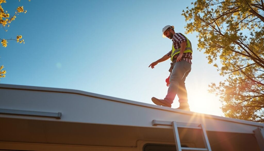 An RV roof maintenance expert standing on a well-maintained RV roof, examining the surface closely and pointing out key areas that require attention. The expert is wearing a hard hat, safety gear, and carrying a toolkit. In the background, a clear blue sky and sun-dappled surroundings create a serene, professional atmosphere. The camera angle is from slightly below, capturing the expert's confident, knowledgeable stance. Warm, natural lighting illuminates the scene, highlighting the intricate details of the RV roof's construction and the expert's attentive inspection. An RV roof maintenance expert standing on a well-maintained RV roof, examining the surface closely and pointing out key areas that require attention. The expert is wearing a hard hat, safety gear, and carrying a toolkit. In the background, a clear blue sky and sun-dappled surroundings create a serene, professional atmosphere. The camera angle is from slightly below, capturing the expert's confident, knowledgeable stance. Warm, natural lighting illuminates the scene, highlighting the intricate details of the RV roof's construction and the expert's attentive inspection.