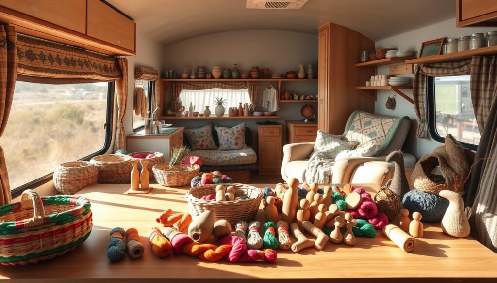 An airy, well-lit RV crafts and handmade goods workspace. In the foreground, a large wooden table hosts an array of colorful, artisanal items - handwoven baskets, hand-carved wooden figurines, and neatly arranged skeins of vibrant yarn. Sunlight streams in through the RV's large windows, casting a warm, golden glow over the scene. In the middle ground, shelves line the walls, displaying an assortment of handmade soaps, candles, and pottery pieces. The background features a cozy seating area, with plush pillows and a handmade quilt draped over a weathered armchair, inviting visitors to linger and admire the craftsmanship. The overall atmosphere is one of rustic charm, creativity, and the comforts of home, perfectly capturing the essence of an RV-based crafts and handmade goods workspace. An airy, well-lit RV crafts and handmade goods workspace. In the foreground, a large wooden table hosts an array of colorful, artisanal items - handwoven baskets, hand-carved wooden figurines, and neatly arranged skeins of vibrant yarn. Sunlight streams in through the RV's large windows, casting a warm, golden glow over the scene. In the middle ground, shelves line the walls, displaying an assortment of handmade soaps, candles, and pottery pieces. The background features a cozy seating area, with plush pillows and a handmade quilt draped over a weathered armchair, inviting visitors to linger and admire the craftsmanship. The overall atmosphere is one of rustic charm, creativity, and the comforts of home, perfectly capturing the essence of an RV-based crafts and handmade goods workspace.