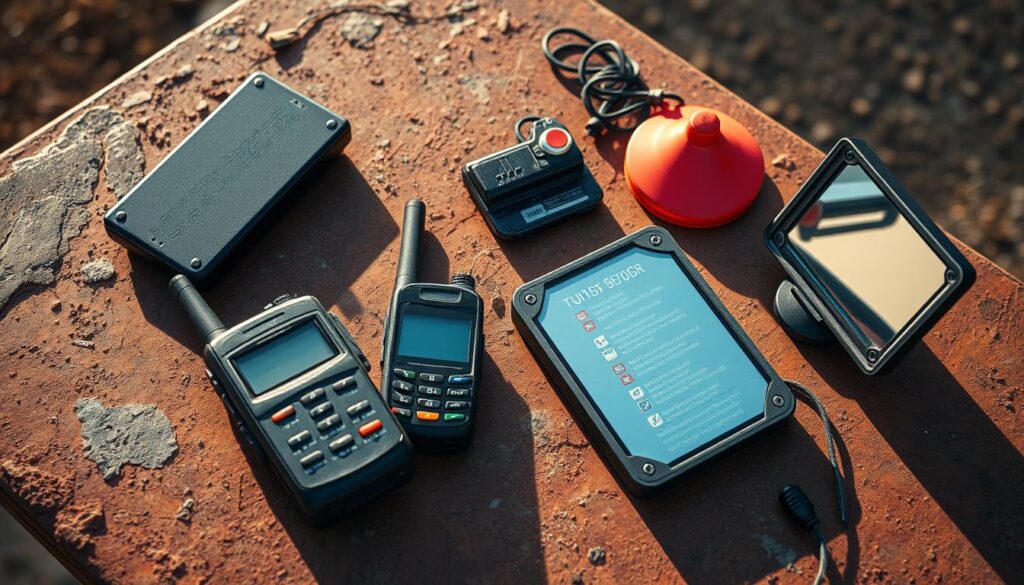 An array of emergency communication devices for RV owners, including a satellite phone, a handheld radio, and a signaling mirror, placed on a rugged, weathered tabletop. The items are illuminated by warm, natural lighting, casting soft shadows that add depth and dimension to the scene. The overall composition conveys a sense of preparedness and resilience, with the communication tools ready to provide a vital link to the outside world in times of crisis or isolation on the open road. An array of emergency communication devices for RV owners, including a satellite phone, a handheld radio, and a signaling mirror, placed on a rugged, weathered tabletop. The items are illuminated by warm, natural lighting, casting soft shadows that add depth and dimension to the scene. The overall composition conveys a sense of preparedness and resilience, with the communication tools ready to provide a vital link to the outside world in times of crisis or isolation on the open road.