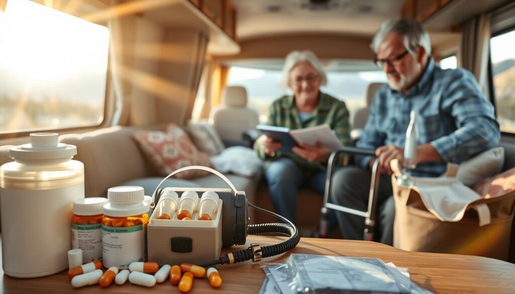 An elderly couple preparing their RV for a road trip, carefully arranging essential medical supplies, mobility aids, and comfort items in the living space. Warm natural lighting filters through the windows, casting a cozy glow on the scene. The foreground showcases neatly organized pill bottles, a portable oxygen tank, and a walker, while the middle ground features the couple reviewing travel plans on a tablet. In the background, the RV's interior is visible, with touches of homey decor and a glimpse of the scenic landscape outside. The atmosphere is one of careful preparation, with an undertone of excitement for the journey ahead. An elderly couple preparing their RV for a road trip, carefully arranging essential medical supplies, mobility aids, and comfort items in the living space. Warm natural lighting filters through the windows, casting a cozy glow on the scene. The foreground showcases neatly organized pill bottles, a portable oxygen tank, and a walker, while the middle ground features the couple reviewing travel plans on a tablet. In the background, the RV's interior is visible, with touches of homey decor and a glimpse of the scenic landscape outside. The atmosphere is one of careful preparation, with an undertone of excitement for the journey ahead.