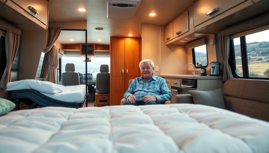 An elderly couple sitting comfortably in a well-equipped RV, with ample accessibility features. The foreground shows a spacious living area with a wide doorway, adjustable bed, and specialized seating. In the middle ground, a kitchenette with lowered countertops and accessible appliances. The background reveals a scenic landscape, capturing the tranquility of an RV adventure. The lighting is warm and inviting, creating a cozy ambiance. The overall scene conveys the comfort and independence that the right RV can provide for elderly travelers. An elderly couple sitting comfortably in a well-equipped RV, with ample accessibility features. The foreground shows a spacious living area with a wide doorway, adjustable bed, and specialized seating. In the middle ground, a kitchenette with lowered countertops and accessible appliances. The background reveals a scenic landscape, capturing the tranquility of an RV adventure. The lighting is warm and inviting, creating a cozy ambiance. The overall scene conveys the comfort and independence that the right RV can provide for elderly travelers.