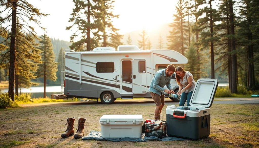 An expansive RV parked in a lush national park setting, surrounded by towering pines and a tranquil lake in the background. In the foreground, a couple meticulously packing their gear - hiking boots, a portable grill, and a cooler stocked with provisions. Soft, diffused lighting filters through the canopy, casting a warm, golden glow over the scene. The composition emphasizes the sense of adventure and preparation for an immersive outdoor experience, with the RV serving as a comfortable base camp for exploring the natural wonders of the park. An expansive RV parked in a lush national park setting, surrounded by towering pines and a tranquil lake in the background. In the foreground, a couple meticulously packing their gear - hiking boots, a portable grill, and a cooler stocked with provisions. Soft, diffused lighting filters through the canopy, casting a warm, golden glow over the scene. The composition emphasizes the sense of adventure and preparation for an immersive outdoor experience, with the RV serving as a comfortable base camp for exploring the natural wonders of the park.