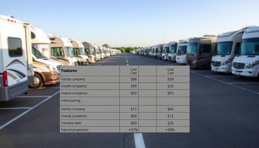An expansive RV parking lot, with several models of RVs lined up, their backup cameras clearly visible. In the foreground, a detailed comparison chart displays the costs of various backup camera systems, broken down by features, installation complexity, and overall value proposition. The lighting is crisp and clean, allowing the technical details to be easily legible. The scene conveys a sense of careful consideration, as a prospective RV owner weighs the merits of upgrading to a backup camera system. An expansive RV parking lot, with several models of RVs lined up, their backup cameras clearly visible. In the foreground, a detailed comparison chart displays the costs of various backup camera systems, broken down by features, installation complexity, and overall value proposition. The lighting is crisp and clean, allowing the technical details to be easily legible. The scene conveys a sense of careful consideration, as a prospective RV owner weighs the merits of upgrading to a backup camera system.