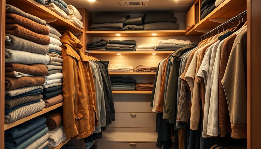 An expansive, well-organized RV closet with a layered wardrobe system for all seasons. The shelves are neatly stacked with folded clothing in a range of complementary earth tones and textures - soft knits, sturdy denim, breathable linens. Versatile outer layers like parkas and rain jackets hang on one side, while lighter, more flexible pieces like sweaters and shirts are arranged on the other. The lighting is warm and diffused, casting a cozy glow over the meticulously curated collection. The overall impression is one of thoughtful preparation and efficient use of limited RV storage space. An expansive, well-organized RV closet with a layered wardrobe system for all seasons. The shelves are neatly stacked with folded clothing in a range of complementary earth tones and textures - soft knits, sturdy denim, breathable linens. Versatile outer layers like parkas and rain jackets hang on one side, while lighter, more flexible pieces like sweaters and shirts are arranged on the other. The lighting is warm and diffused, casting a cozy glow over the meticulously curated collection. The overall impression is one of thoughtful preparation and efficient use of limited RV storage space.