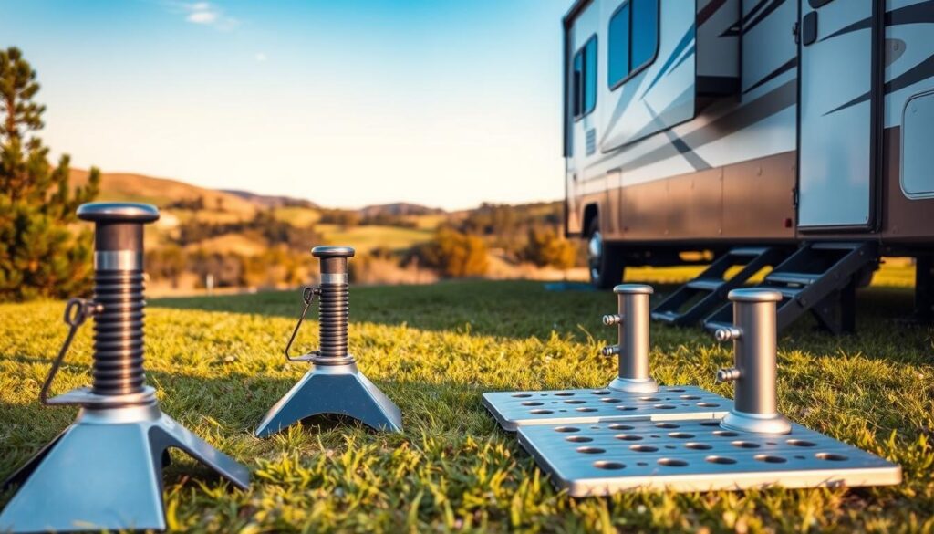 An outdoor scene showcasing essential RV leveling equipment. In the foreground, high-quality hydraulic leveling jacks, chocks, and stabilizer pads are neatly arranged on a grassy surface. The middle ground features an RV parked on a slight incline, its wheels partially elevated by the leveling system. The background depicts a picturesque landscape with rolling hills, lush trees, and a clear blue sky. The lighting is natural and warm, creating a sense of tranquility. The scene is captured with a wide-angle lens, emphasizing the practical yet serene nature of the RV leveling process. An outdoor scene showcasing essential RV leveling equipment. In the foreground, high-quality hydraulic leveling jacks, chocks, and stabilizer pads are neatly arranged on a grassy surface. The middle ground features an RV parked on a slight incline, its wheels partially elevated by the leveling system. The background depicts a picturesque landscape with rolling hills, lush trees, and a clear blue sky. The lighting is natural and warm, creating a sense of tranquility. The scene is captured with a wide-angle lens, emphasizing the practical yet serene nature of the RV leveling process.