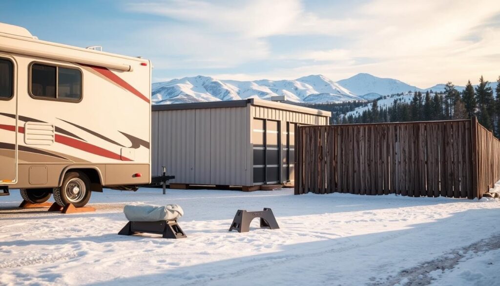 Detailed comparison of RV winter storage options, showcased in a well-lit, documentary-style photograph. In the foreground, an RV parked in a snowy outdoor setting, with a focus on the various storage accessories - wheel chocks, protective covers, and support jacks. In the middle ground, two contrasting storage facilities - an indoor climate-controlled unit and an outdoor lot with a weathered, rustic fence. The background features a scenic winter landscape, with mountains or evergreen trees framing the scene. The lighting is natural, with soft shadows and highlights accentuating the textures and materials. The overall mood is informative and practical, inviting the viewer to consider the best storage solution for their RV. Detailed comparison of RV winter storage options, showcased in a well-lit, documentary-style photograph. In the foreground, an RV parked in a snowy outdoor setting, with a focus on the various storage accessories - wheel chocks, protective covers, and support jacks. In the middle ground, two contrasting storage facilities - an indoor climate-controlled unit and an outdoor lot with a weathered, rustic fence. The background features a scenic winter landscape, with mountains or evergreen trees framing the scene. The lighting is natural, with soft shadows and highlights accentuating the textures and materials. The overall mood is informative and practical, inviting the viewer to consider the best storage solution for their RV.