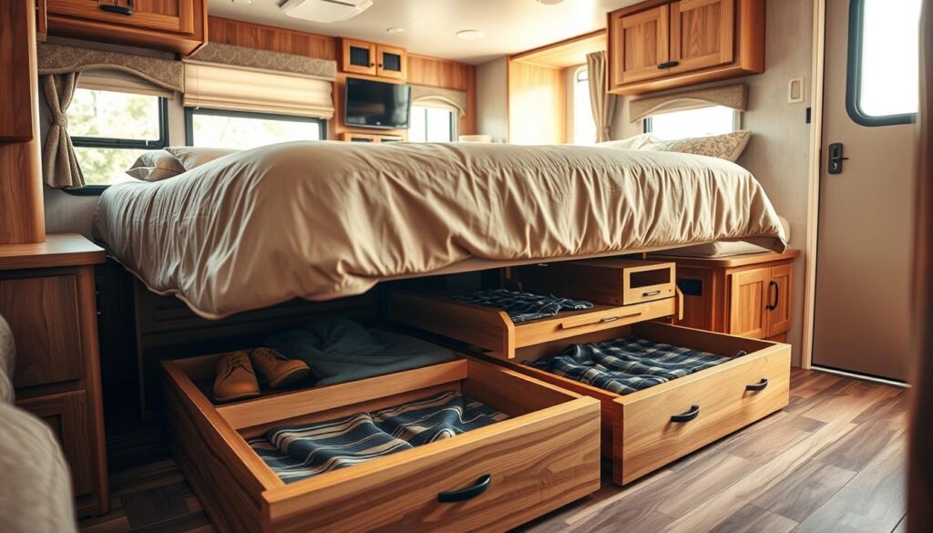 Detailed, high-quality image of a cozy RV bedroom interior showcasing creative under-bed storage solutions. Warm, natural lighting illuminates the scene, captured by a wide-angle lens that emphasizes the sense of spaciousness. In the foreground, a large bed frame with neatly organized storage compartments and drawers underneath, designed to maximize the available space. The middle ground features additional storage solutions, such as sliding trays, built-in cubbies, and clever use of vertical space. The background subtly hints at the overall RV environment, with hints of cabinetry, windows, and soft furnishings that complement the storage-focused theme. The overall mood is one of practicality, comfort, and efficient use of limited RV square footage.