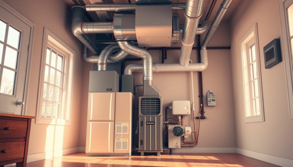 Detailed interior view of a residential HVAC system, showcasing its components and preparations for spring maintenance. Meticulously rendered furnace, air handler, ductwork, and thermostat in a well-lit, spacious utility room. The scene conveys a sense of orderliness and technical precision, with the system's parts arranged in a visually pleasing layout. Warm, natural lighting filters in through nearby windows, creating subtle shadows and highlights that accentuate the HVAC system's form and function. The overall mood is one of professionalism and readiness, reflecting the importance of proper seasonal maintenance for optimal home comfort and efficiency.