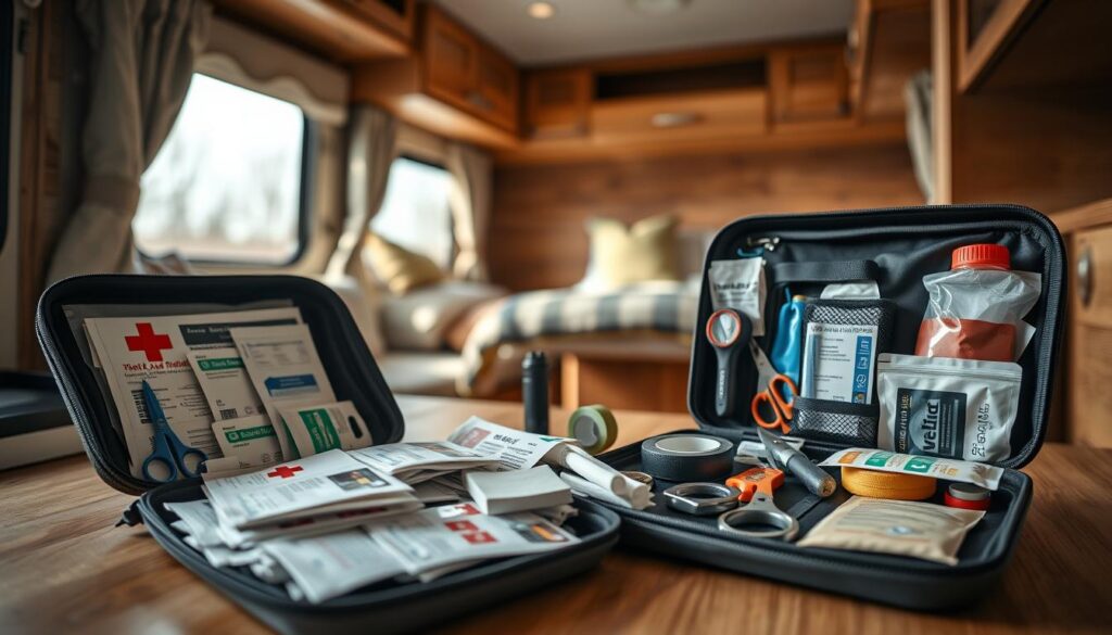 Detailed still life of an RV emergency first aid kit essentials, shot with a wide-angle lens in soft, natural lighting. Foreground features an open first aid kit with various medical supplies neatly arranged - bandages, gauze, antiseptic wipes, medical tape, scissors, thermometer, etc. Middle ground showcases a small flashlight, survival blanket, and other essential items. Background depicts the interior of an RV, with wood-paneled walls and a cozy, outdoor-inspired atmosphere. Overall, a calm, reassuring scene that conveys the importance of being prepared for medical emergencies while on the road. Detailed still life of an RV emergency first aid kit essentials, shot with a wide-angle lens in soft, natural lighting. Foreground features an open first aid kit with various medical supplies neatly arranged - bandages, gauze, antiseptic wipes, medical tape, scissors, thermometer, etc. Middle ground showcases a small flashlight, survival blanket, and other essential items. Background depicts the interior of an RV, with wood-paneled walls and a cozy, outdoor-inspired atmosphere. Overall, a calm, reassuring scene that conveys the importance of being prepared for medical emergencies while on the road.