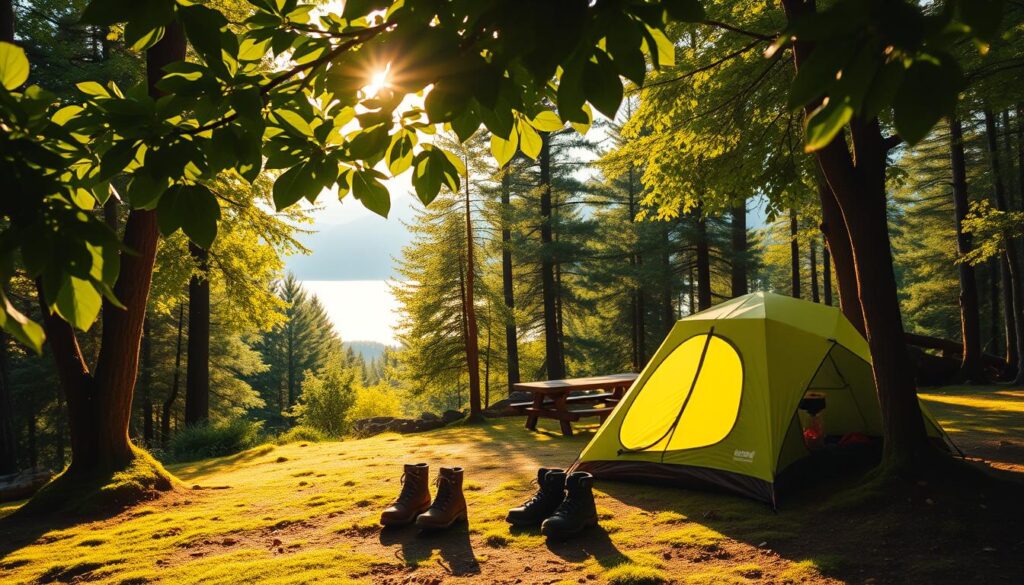 Lush, verdant campsite nestled in a serene forest clearing. Vibrant green foliage frames a cozy tent pitched on a soft, mossy ground. In the foreground, a pair of hikers' backpacks and hiking boots suggest a spontaneous adventure. Warm, golden sunlight filters through the canopy, casting a welcoming glow. The middle ground reveals a picnic table, inviting guests to enjoy a budget-friendly meal outdoors. Distant mountains and a tranquil lake complete the picturesque scene, hinting at the flexibility of finding affordable, off-the-beaten-path camping destinations.