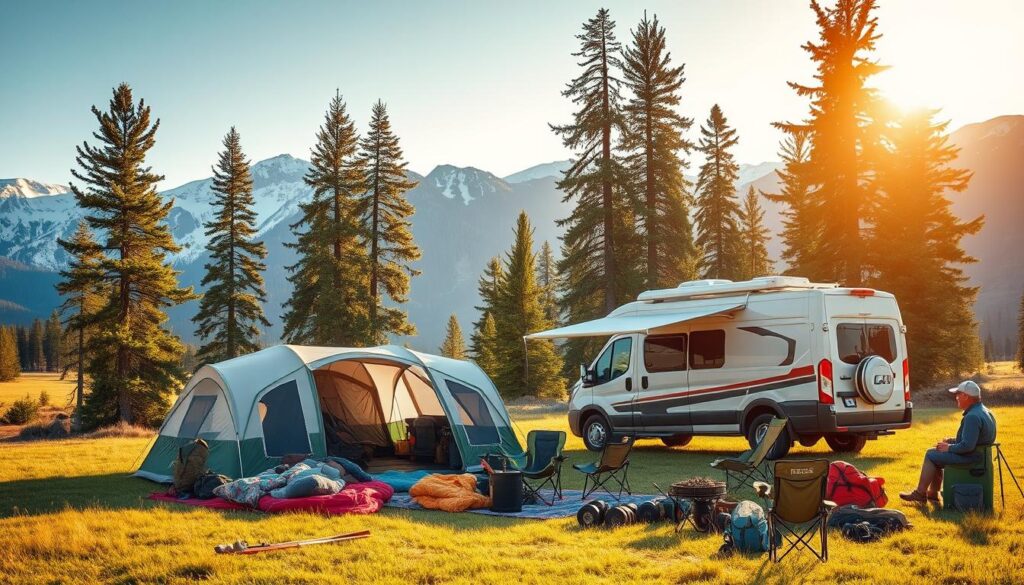 Outdoor RV gear camping setup in a scenic wilderness landscape. A cozy motorhome or campervan parked on a grassy meadow, surrounded by towering pine trees and snow-capped mountains in the distance. In the foreground, an array of camping equipment neatly arranged - a roomy tent, sleeping bags, portable chairs, a campfire grill, and outdoor recreation gear like hiking backpacks, binoculars, and fishing rods. Warm, golden sunlight filters through the trees, creating a welcoming, adventurous atmosphere. The scene conveys the spirit of off-grid exploration and immersion in nature. Outdoor RV gear camping setup in a scenic wilderness landscape. A cozy motorhome or campervan parked on a grassy meadow, surrounded by towering pine trees and snow-capped mountains in the distance. In the foreground, an array of camping equipment neatly arranged - a roomy tent, sleeping bags, portable chairs, a campfire grill, and outdoor recreation gear like hiking backpacks, binoculars, and fishing rods. Warm, golden sunlight filters through the trees, creating a welcoming, adventurous atmosphere. The scene conveys the spirit of off-grid exploration and immersion in nature.