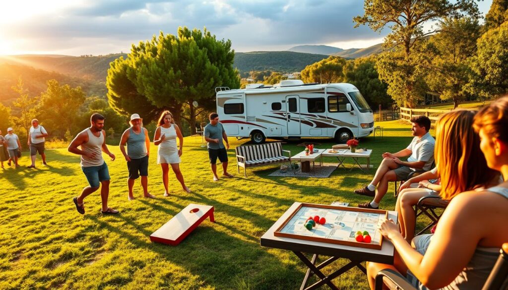 Outdoor games set in a lush RV campsite, bathed in warm afternoon sunlight. In the foreground, a group of friends playing a spirited game of cornhole, their laughter and friendly banter filling the air. In the middle ground, a cozy seating area with a folding table hosting a variety of classic board games, inviting guests to gather and engage in friendly competition. The background features a picturesque RV parked in the distance, surrounded by verdant trees and rolling hills, creating a serene and tranquil atmosphere. The scene exudes a sense of camaraderie, adventure, and the joy of embracing the great outdoors, even as the rain clouds Part to reveal a golden sunset. Outdoor games set in a lush RV campsite, bathed in warm afternoon sunlight. In the foreground, a group of friends playing a spirited game of cornhole, their laughter and friendly banter filling the air. In the middle ground, a cozy seating area with a folding table hosting a variety of classic board games, inviting guests to gather and engage in friendly competition. The background features a picturesque RV parked in the distance, surrounded by verdant trees and rolling hills, creating a serene and tranquil atmosphere. The scene exudes a sense of camaraderie, adventure, and the joy of embracing the great outdoors, even as the rain clouds Part to reveal a golden sunset.