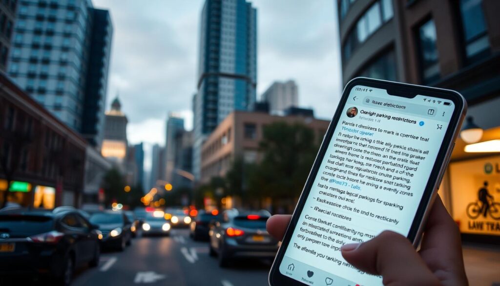 Overnight parking restrictions social media: a dynamic cityscape captured through a smartphone lens. In the foreground, a smartphone screen displays a lively discussion thread, users sharing tips and insights on navigating the maze of parking regulations. The middle ground features a bustling urban street, cars parked along the curb, with subtle signage indicating time-limited or permit-only zones. In the background, a towering skyline of modern buildings sets the scene, hinting at the challenges of finding legal overnight parking in densely populated areas. Soft, diffused lighting casts a warm, inviting glow, creating a sense of community and shared knowledge as city dwellers leverage social platforms to solve their parking dilemmas. Overnight parking restrictions social media: a dynamic cityscape captured through a smartphone lens. In the foreground, a smartphone screen displays a lively discussion thread, users sharing tips and insights on navigating the maze of parking regulations. The middle ground features a bustling urban street, cars parked along the curb, with subtle signage indicating time-limited or permit-only zones. In the background, a towering skyline of modern buildings sets the scene, hinting at the challenges of finding legal overnight parking in densely populated areas. Soft, diffused lighting casts a warm, inviting glow, creating a sense of community and shared knowledge as city dwellers leverage social platforms to solve their parking dilemmas.