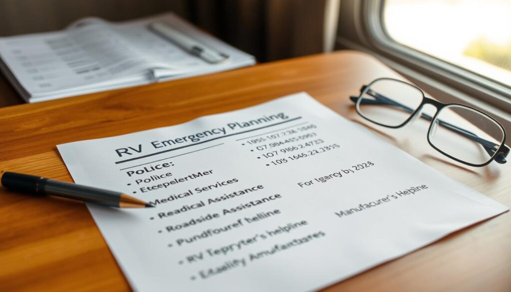 RV emergency planning contact list: a well-organized sheet of paper with a clear header, neatly handwritten contact information for local fire department, police, medical services, roadside assistance, and RV manufacturer's helpline. The paper is laid on a warm, wooden table, with a pen and a pair of reading glasses nearby, suggesting a thoughtful, practical approach to emergency preparedness. Soft, natural lighting from a window illuminates the scene, creating a sense of calm and focus. The overall composition conveys a sense of preparedness and attention to detail, mirroring the importance of emergency planning for RV owners.