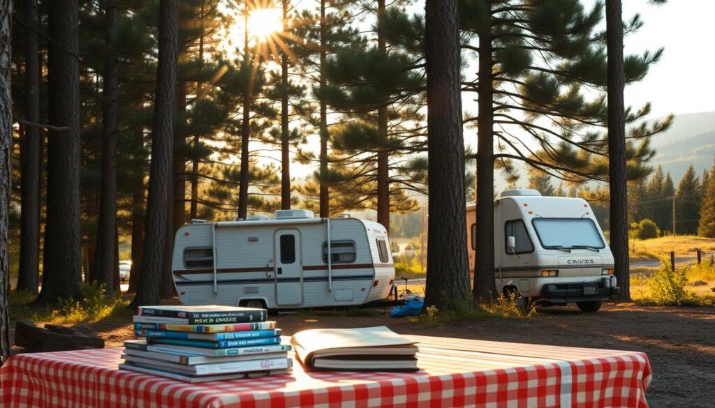 Serene campsite nestled in lush forest, with a vintage RV parked amidst towering pine trees. Warm afternoon sunlight filters through the branches, casting gentle shadows across the scene. In the foreground, a picnic table adorned with a checkered tablecloth and a stack of travel guides, hinting at the owner's budget-conscious RV adventures. The RV's exterior displays a well-maintained, utilitarian design, suggesting practicality and affordability. The background features rolling hills and a distant horizon, conveying a sense of tranquility and escape from the hustle and bustle of everyday life. The overall mood is one of relaxation, simplicity, and the joy of affordable outdoor exploration.