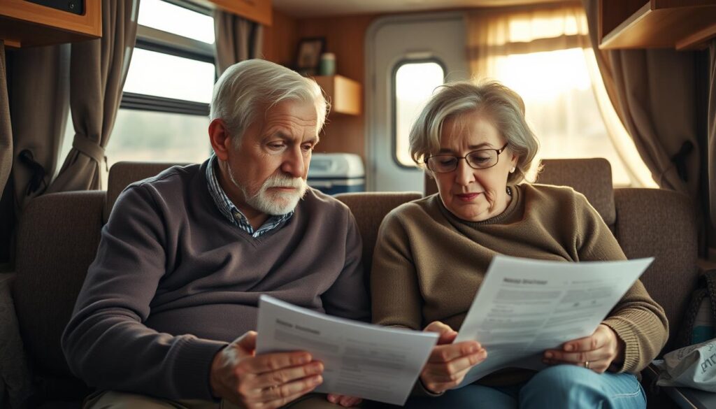 elderly couple sitting in an RV, examining medical documents together, concerned expressions on their faces, afternoon sunlight filtering through the RV windows, warm and cozy interior, clutter of travel essentials and medication in the background, shallow depth of field, muted color palette, somber yet hopeful mood elderly couple sitting in an RV, examining medical documents together, concerned expressions on their faces, afternoon sunlight filtering through the RV windows, warm and cozy interior, clutter of travel essentials and medication in the background, shallow depth of field, muted color palette, somber yet hopeful mood
